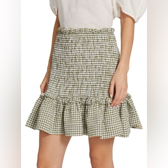 New! Veronica Beard Aloya Gingham Smocked Olive Ruffle Mini Skirt 🌻Large NWT - Picture 7 of 15